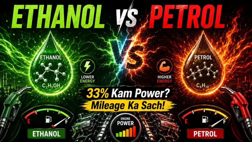 Ethanol and petrol calorific value comparison showing energy density and fuel performance metrics