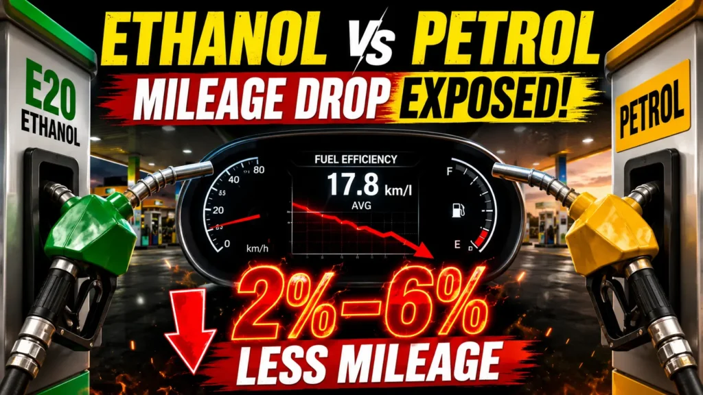 Ethanol vs petrol mileage comparison chart showing fuel economy differences for E10 and E20 blends