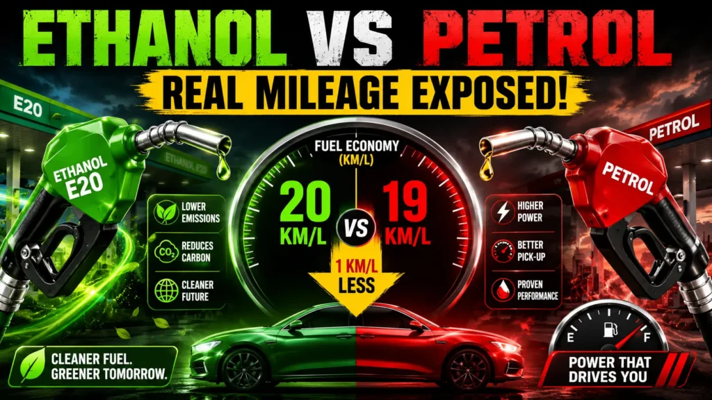 Fuel mileage per litre comparison between ethanol blends and pure petrol in Indian vehicles