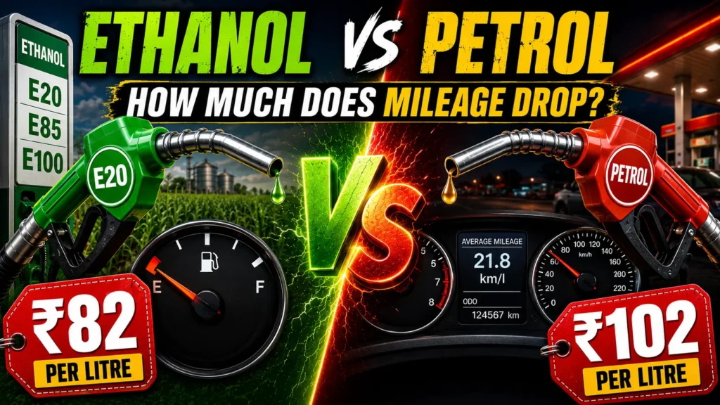 Ethanol vs Petrol comparison showing E20, E85 and E100 fuel with mileage, price, efficiency and running cost differences in India